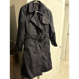 Chic Black Double Breasted Belted Trench Coat Women's Size S8